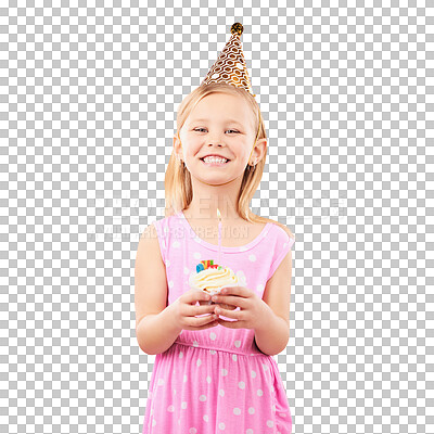 Buy stock photo Portrait, smile and kid with cupcake, birthday and isolated on transparent png background. Happy girl, face and cake at party in hat at celebration, food event and joy for dessert, child and fun 