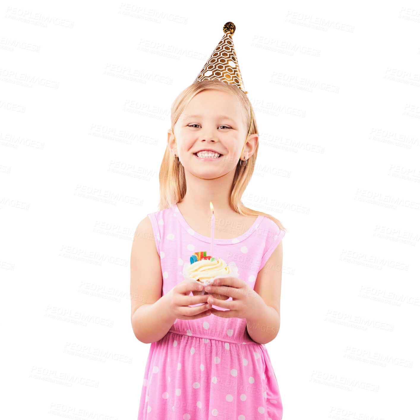 Buy stock photo Portrait, smile and kid with cupcake, birthday and isolated on transparent png background. Happy girl, face and cake at party in hat at celebration, food event and joy for dessert, child and fun 