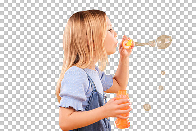 Buy stock photo Girl, child and blowing bubbles for fun, games and childhood development with freedom. Happy, profile and young kid from Canada playing with soap wand and toys isolated by transparent png background.