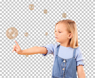 Buy stock photo Girl, kid and playing with bubbles for fun, games and childhood development with freedom. Touch, profile and young child from Canada catch soap for activity isolated by transparent png background.