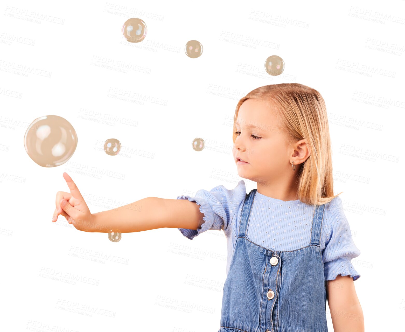 Buy stock photo Girl, kid and playing with bubbles for fun, games and childhood development with freedom. Touch, profile and young child from Canada catch soap for activity isolated by transparent png background.