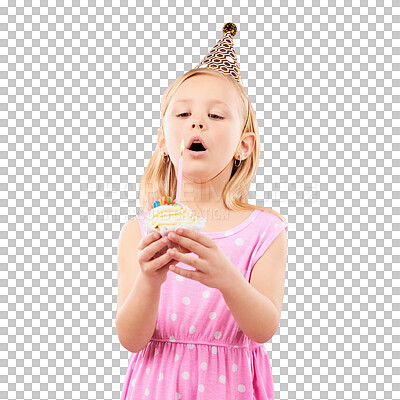 Buy stock photo Child, blowing and candle on cupcake, birthday and isolated on transparent png background. Female person, face and cake at party in hat at celebration, food event and wish for magic, dream and future