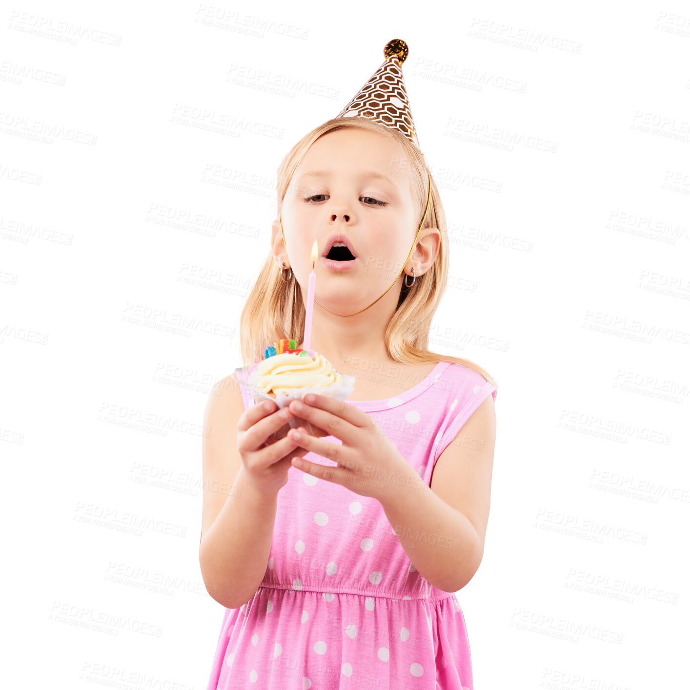 Buy stock photo Child, blowing and candle on cupcake, birthday and isolated on transparent png background. Female person, face and cake at party in hat at celebration, food event and wish for magic, dream and future