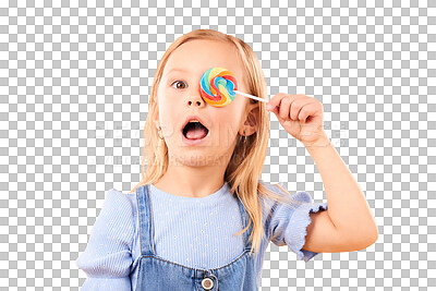 Buy stock photo Child, portrait and eye or candy sweet for happy dessert, snack or isolated on transparent png background. Female person, girl and face for playful lollipop eating or sugar rush, comedy for hungry