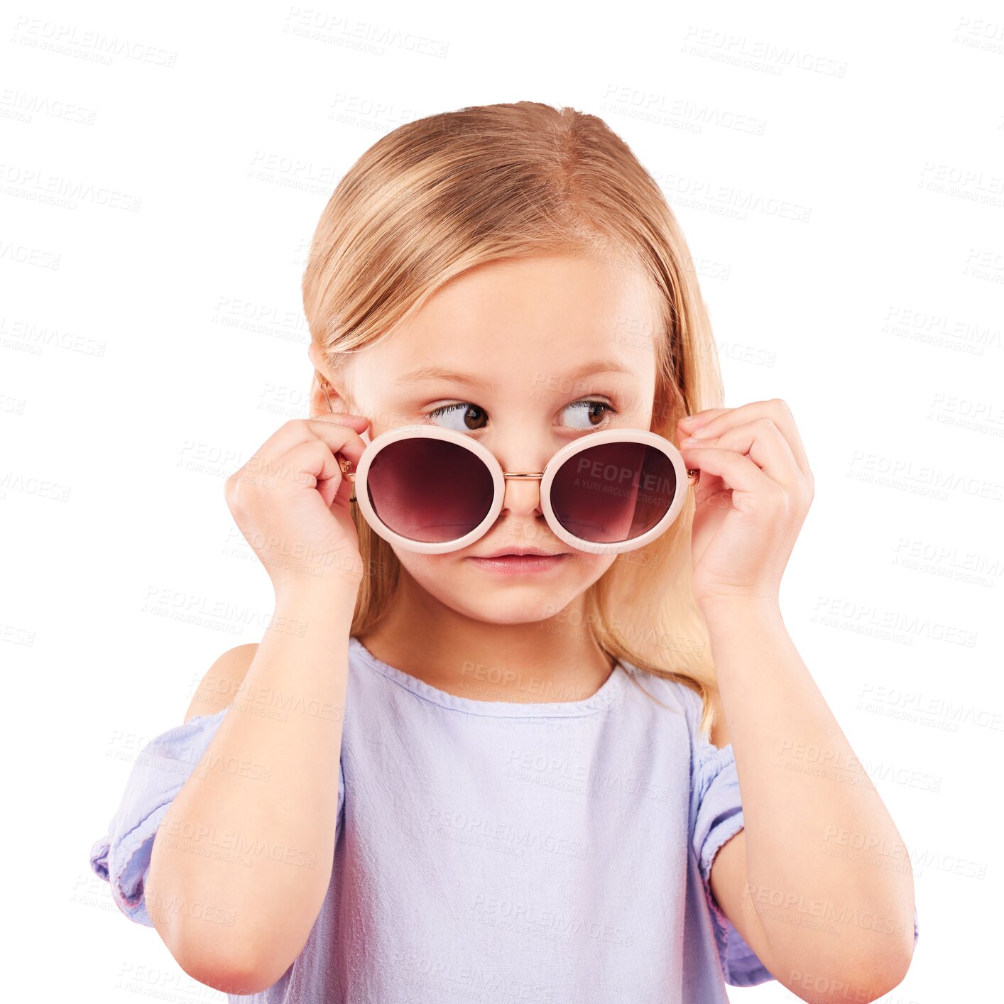 Buy stock photo Thinking, face and girl child with sunglasses for fashion isolated on a transparent png background. Cool young kid in facial glasses, trendy clothes and stylish, serious and cute on holiday vacation