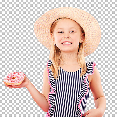 Buy stock photo Happiness, portrait and kid girl with donut product, hat and swimsuit bikini on holiday, vacation or getaway. Happy, smile and young youth child with dessert isolated on a transparent, png background