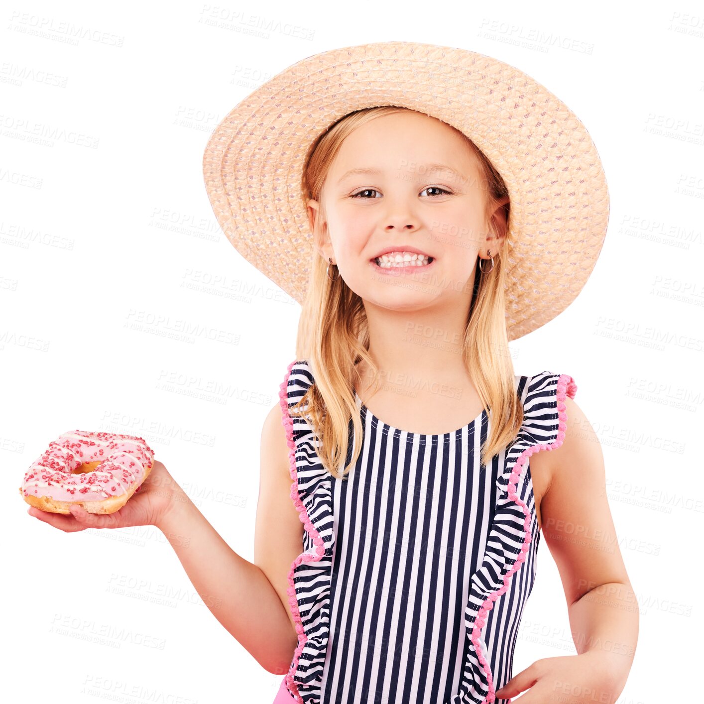 Buy stock photo Happiness, portrait and kid girl with donut product, hat and swimsuit bikini on holiday, vacation or getaway. Happy, smile and young youth child with dessert isolated on a transparent, png background