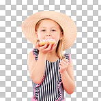Girl kid, eating a donut and dessert, sweets and summer with hat and bathing suit isolated on pink background. Portrait, youth and cake with snack, child enjoying bakery treat with hat in studio