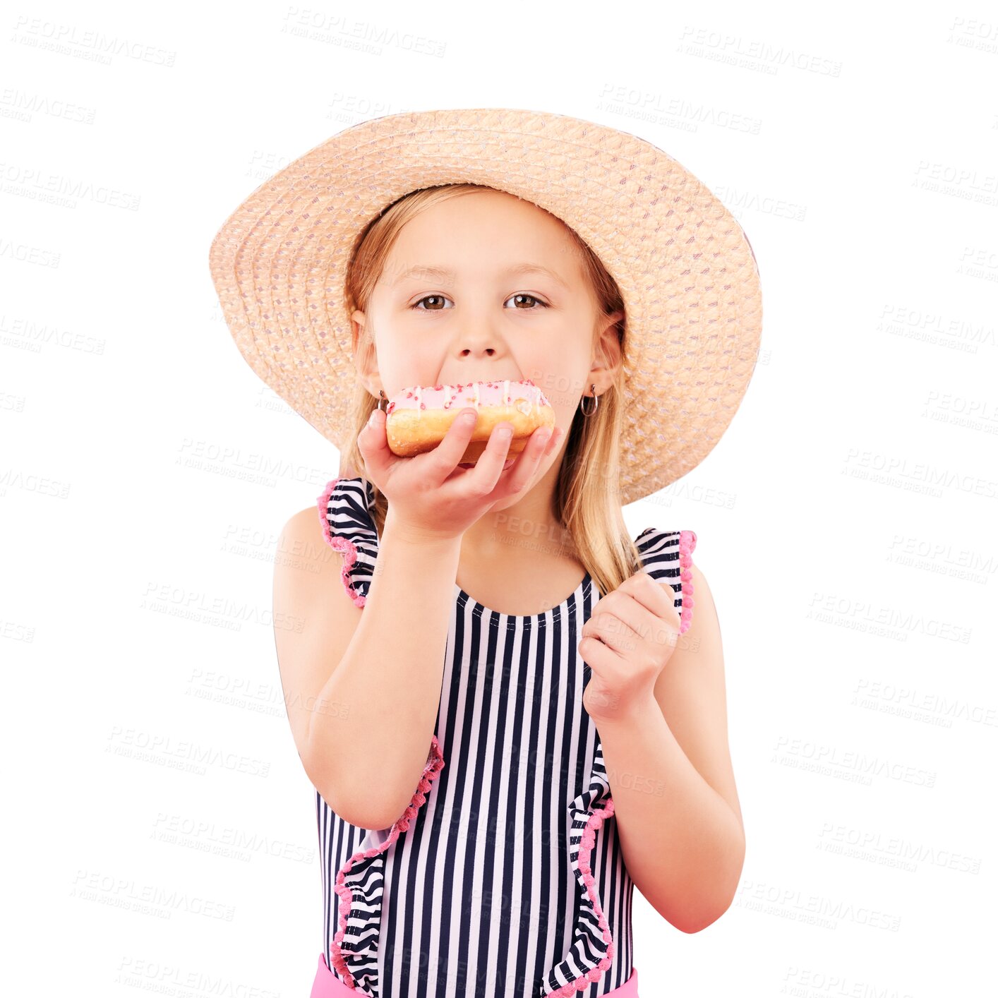 Buy stock photo Girl kid, eating a donut and portrait with sweets, summer or hat and bathing suit isolated on png transparent background. Face, youth and child with cake, snack and enjoying bakery treat for relax