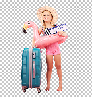 Buy stock photo Luggage, travel and girl child with passport, portrait and summer break isolated on transparent background. Model, suitcase and ticket with kid, travelling documents and flight with png and happiness