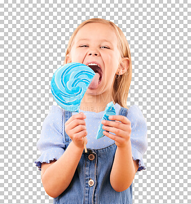 Buy stock photo Child, portrait and lollipop tongue as happy sugar rush or candy lick, sweet tooth or isolated on transparent png background. Female person, face at dessert hungry, unhealthy snack or fun party food