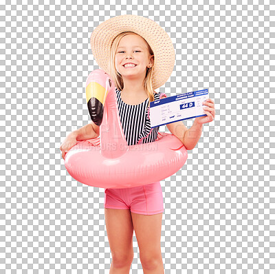 Buy stock photo Travel, portrait or girl child with ticket for summer vacation or holiday isolated on png transparent background. Face, paper or kid with inflatable tube, flight or traveling documents for getaway