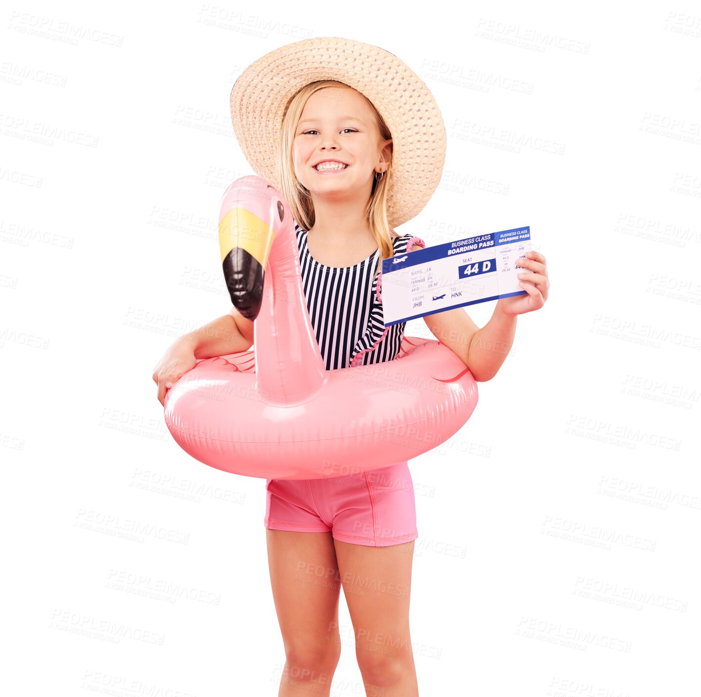 Buy stock photo Travel, portrait or girl child with ticket for summer vacation or holiday isolated on png transparent background. Face, paper or kid with inflatable tube, flight or traveling documents for getaway