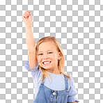 Hand up, portrait and girl child in studio happy, excited and celebrating success on orange background space. Face, smile and kid winner with victory fist for good news, promotion or prize giveaway