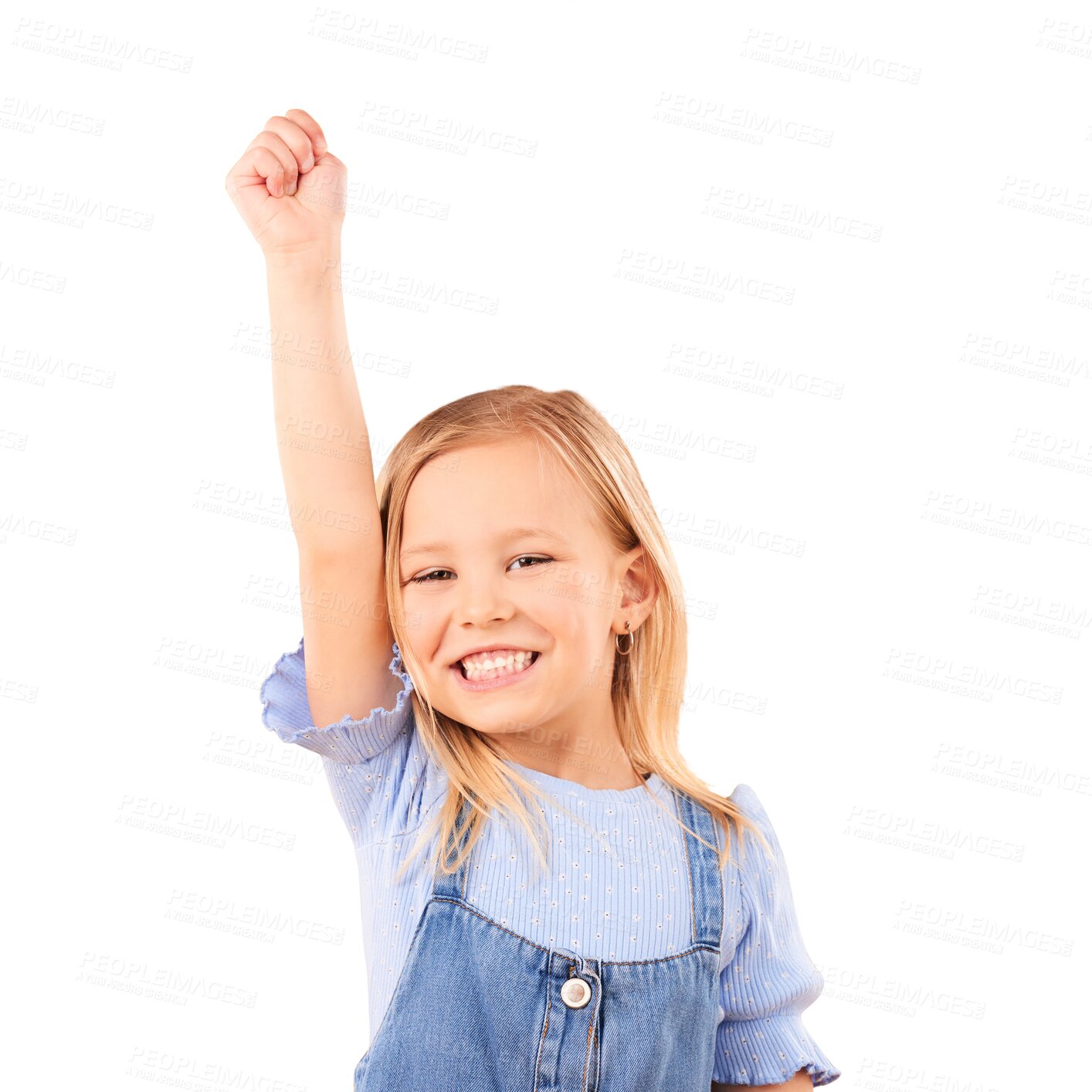 Buy stock photo Portrait, smile and hand up with a girl kid isolated on a transparent background for celebration as a winner. Youth, goal and success with an excited young child on PNG for motivation or achievement