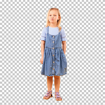 Buy stock photo Portrait, fashion and pout with a girl child isolated on a transparent background for casual style. Children, kiss emoji and a confident young kid on PNG in a trendy clothes outfit for expression