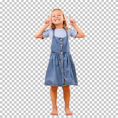 Buy stock photo Happy, portrait and kid girl pointing up at advertising news, discount deal or show promotion, sales notification or commercial. Fashion choice, info and child isolated on transparent, png background