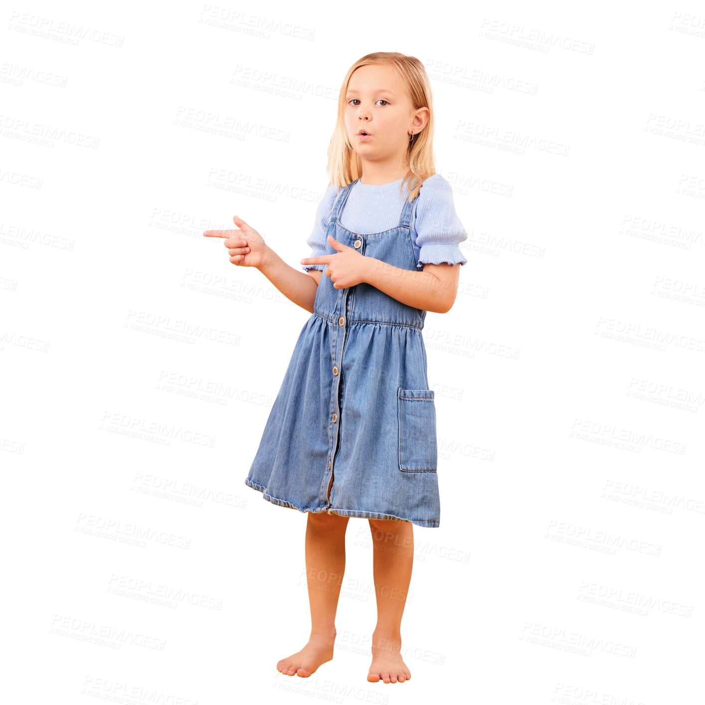 Buy stock photo Finger gun, portrait and kid pointing at fashion news, discount clothes deal or youth presentation, info or commercial. Promo direction, sales choice and child isolated on transparent, png background