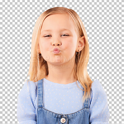 Buy stock photo Happy, pout and portrait of girl child isolated on png transparent background with joy and excited. Confidence, childhood and face of young, adorable and cute kid with kiss emoji or facial expression