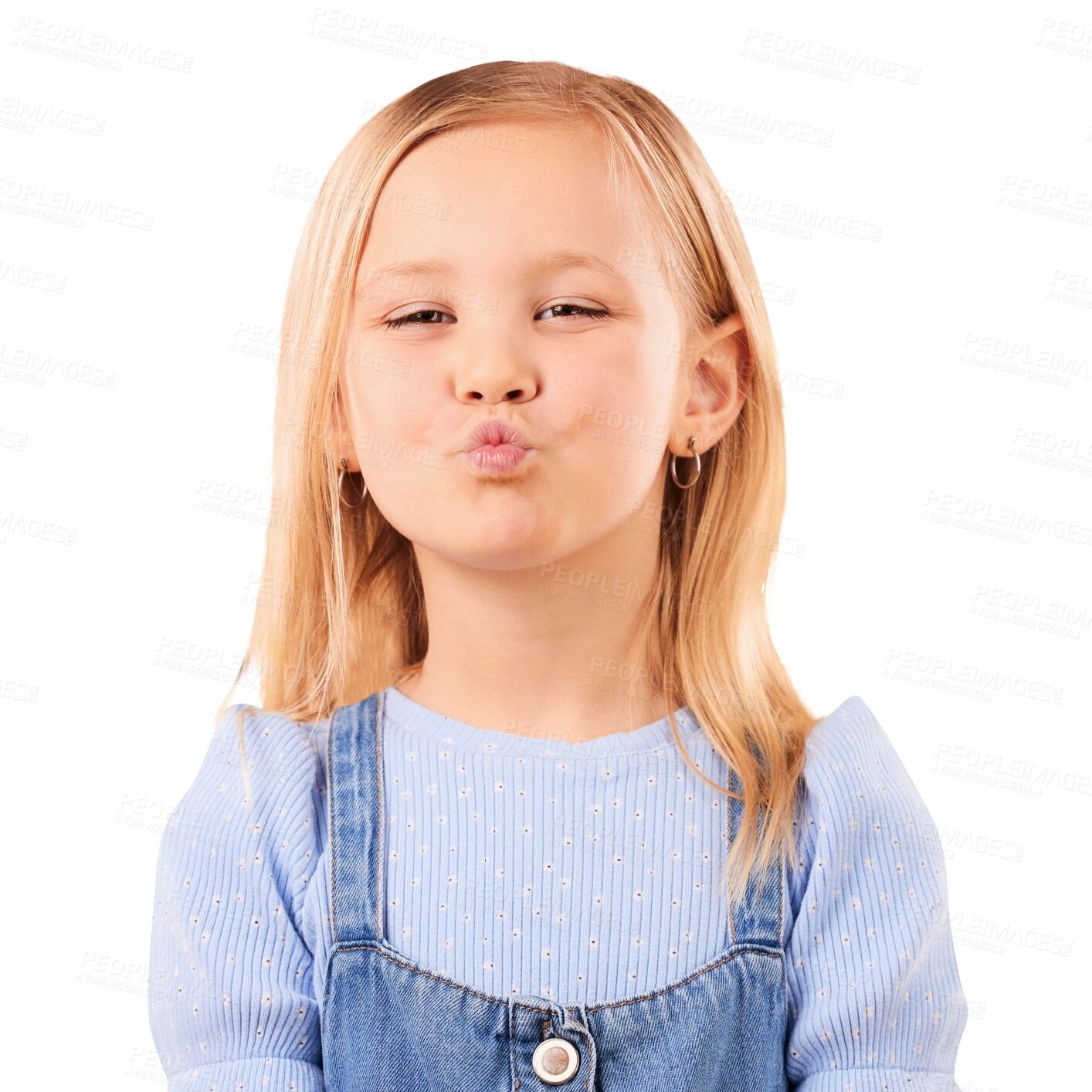 Buy stock photo Happy, pout and portrait of girl child isolated on png transparent background with joy and excited. Confidence, childhood and face of young, adorable and cute kid with kiss emoji or facial expression