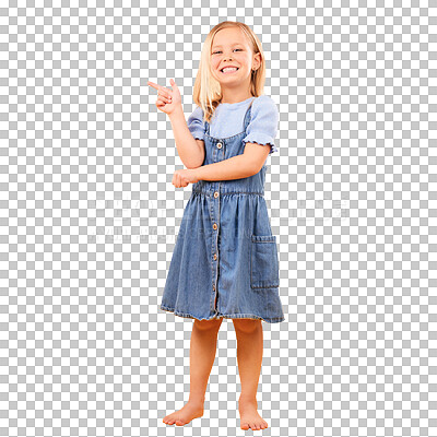 Buy stock photo Finger gun, portrait or happy kid point, gesture or show ads, fashion sale deal or service presentation info. Promo direction, coming soon offer or child smile isolated on transparent, png background