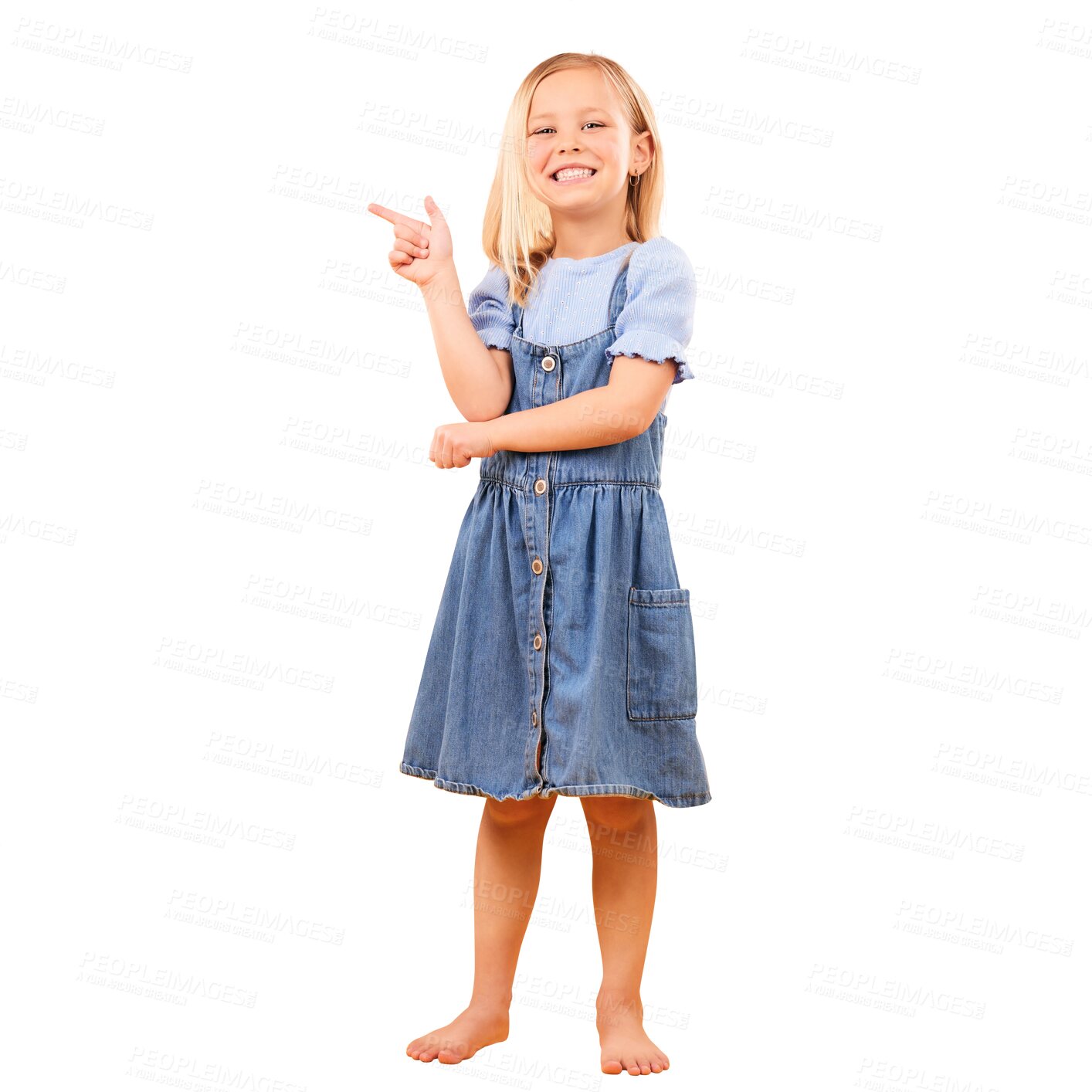 Buy stock photo Finger gun, portrait or happy kid point, gesture or show ads, fashion sale deal or service presentation info. Promo direction, coming soon offer or child smile isolated on transparent, png background