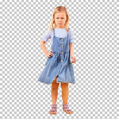 Buy stock photo Portrait, child and sad with girl, bad news and feedback with png isolated on a transparent background. Model, emotions and kid with reaction, facial expression and disappointed with emoji or tantrum