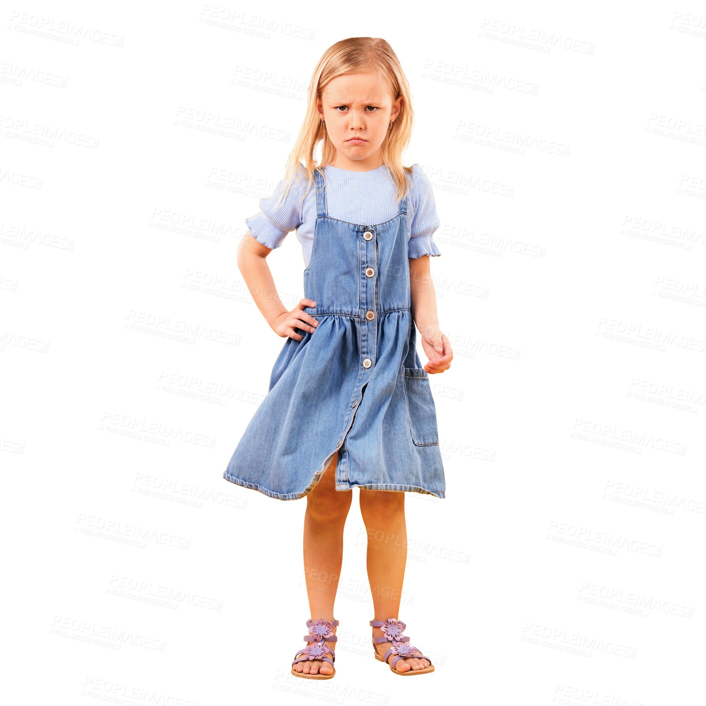 Buy stock photo Portrait, child and sad with girl, bad news and feedback with png isolated on a transparent background. Model, emotions and kid with reaction, facial expression and disappointed with emoji or tantrum