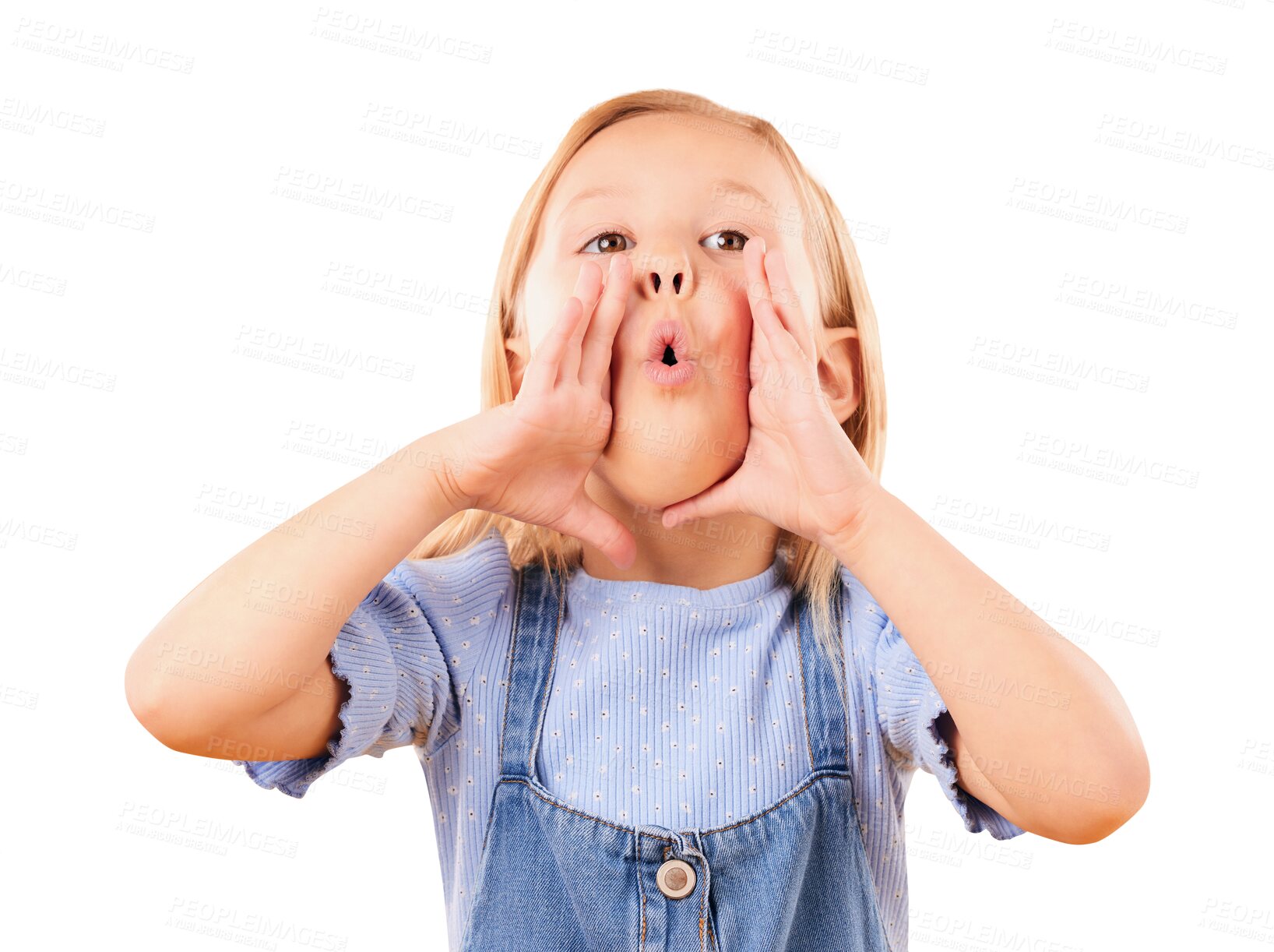 Buy stock photo Child, hands and shouting for announcement message, information or isolated on transparent png background. Silly female person, girl and wow mouth or fingers as emoji gesture, voice or funny