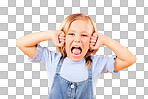 Portrait, girl and kid with anger, screaming or emoji with emotion on a yellow studio background. Face, person or model with stress, frustrated or shouting with a child, facial expression or attitude