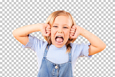 Portrait, girl and kid with anger, screaming or emoji with emotion on a yellow studio background. Face, person or model with stress, frustrated or shouting with a child, facial expression or attitude