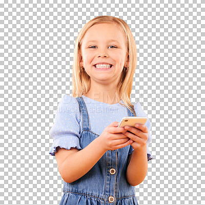 Buy stock photo Child, smile and portrait with phone for games, app or social media on transparent or png background. Happy, girl and kid with smartphone to chat, search online or playing a video on internet