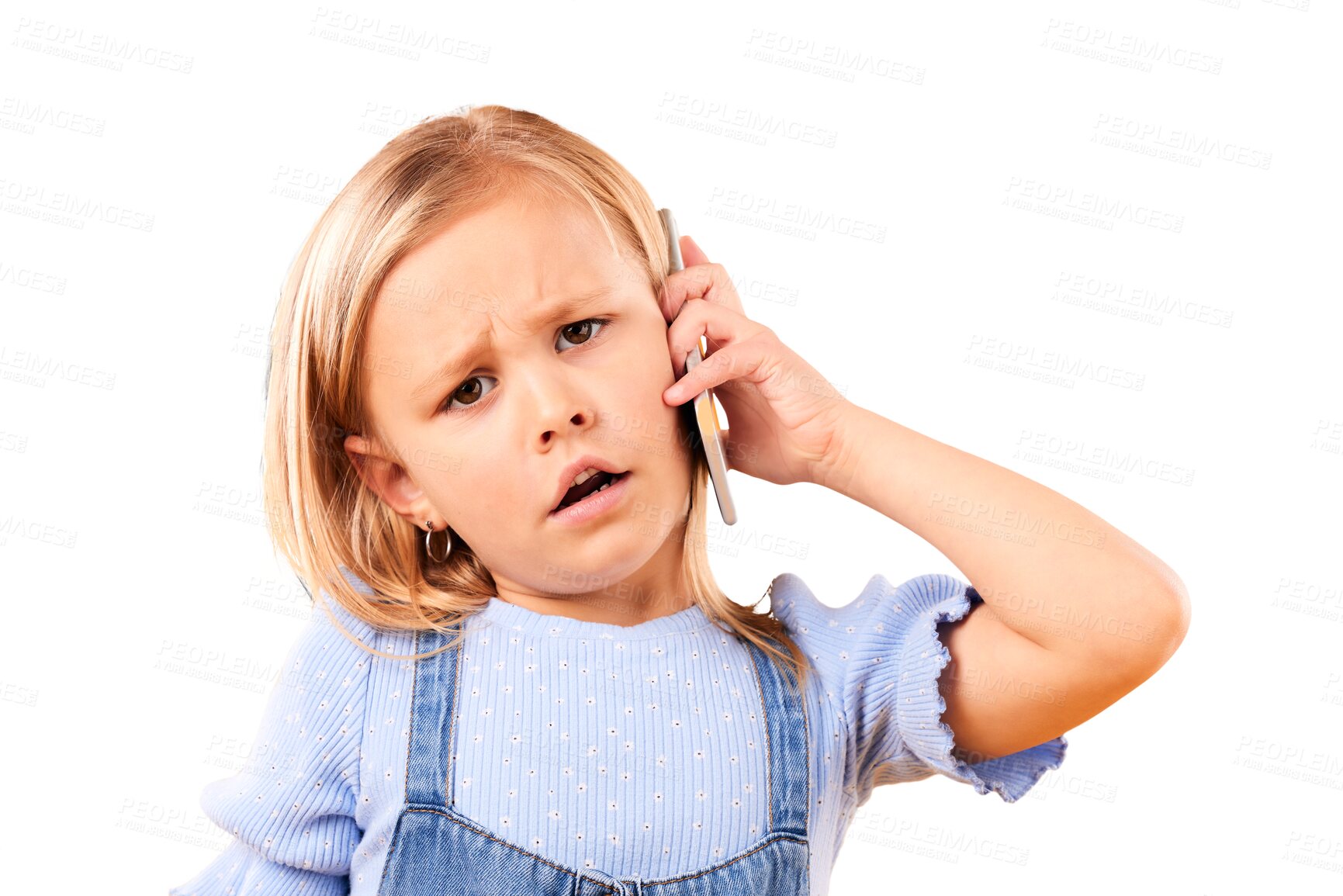 Buy stock photo Isolated girl kid, portrait and phone call with confused, talking or question by transparent png background. Child, smartphone and face for conversation, listening and communication on mobile network