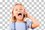 Girl, kid and portrait with phone call, smile and conversation on a yellow studio background. Face, person and child with a smartphone, connection and communication with happiness, network or talking