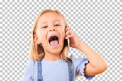 Buy stock photo Child, smile and phone call in portrait, communication and speaking on smartphone, chat and talk. Female person, girl and connection or laugh, conversation and isolated on transparent png background