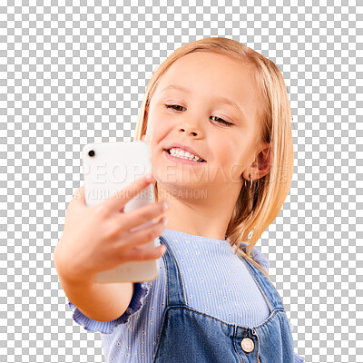 Buy stock photo Smartphone, selfie or smile with girl, child and photography memory isolated on a transparent background. Person, model and kid with a cellphone, app and social media with png, pout and happiness