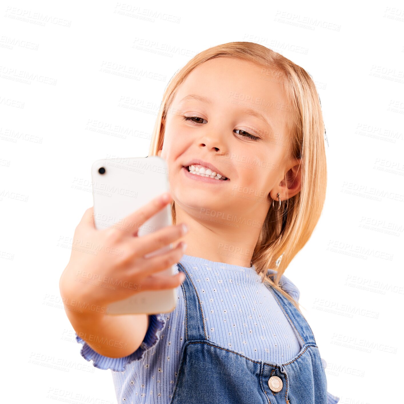 Buy stock photo Smartphone, selfie or smile with girl, child and photography memory isolated on a transparent background. Person, model and kid with a cellphone, app and social media with png, pout and happiness