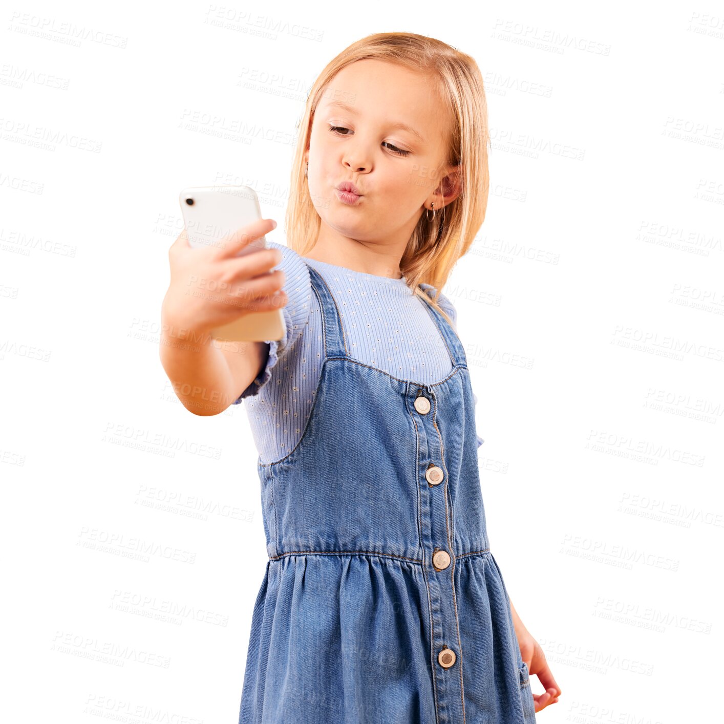 Buy stock photo Smartphone, selfie or happiness with girl, child and photography isolated on a transparent background. Person, model and kid with a cellphone, memory and social media with png, pout or kiss with app