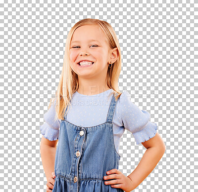 Buy stock photo Happy, cute and portrait of girl child with happiness, joy and excited with positive and confident attitude. Fashion, style and kid in trendy adorable outfit isolated by transparent png background.