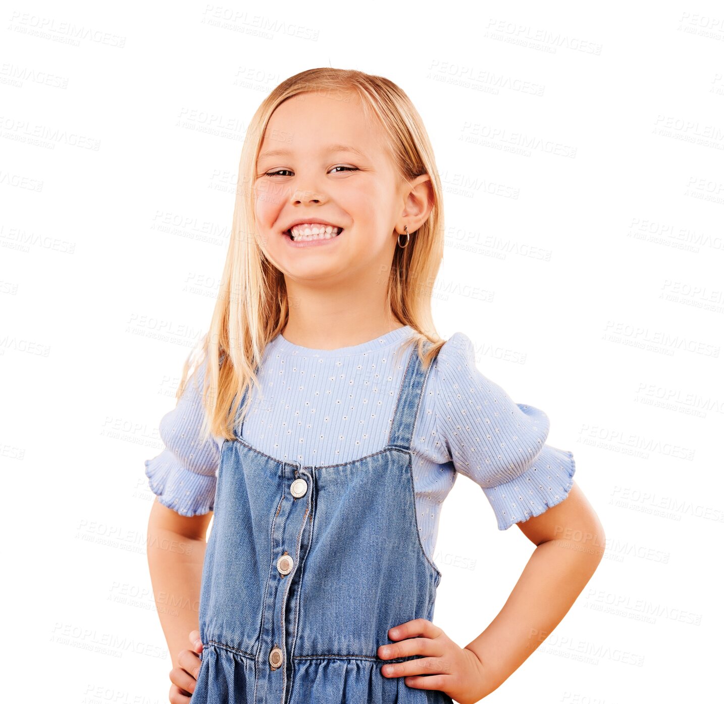 Buy stock photo Happy, cute and portrait of girl child with happiness, joy and excited with positive and confident attitude. Fashion, style and kid in trendy adorable outfit isolated by transparent png background.