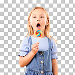 Candy, girl child and portrait of lollipop in hand, open mouth and studio for sweets, birthday party or carnival. Sugar, kid and eating spiral snack for dessert, hunger or meal on orange background