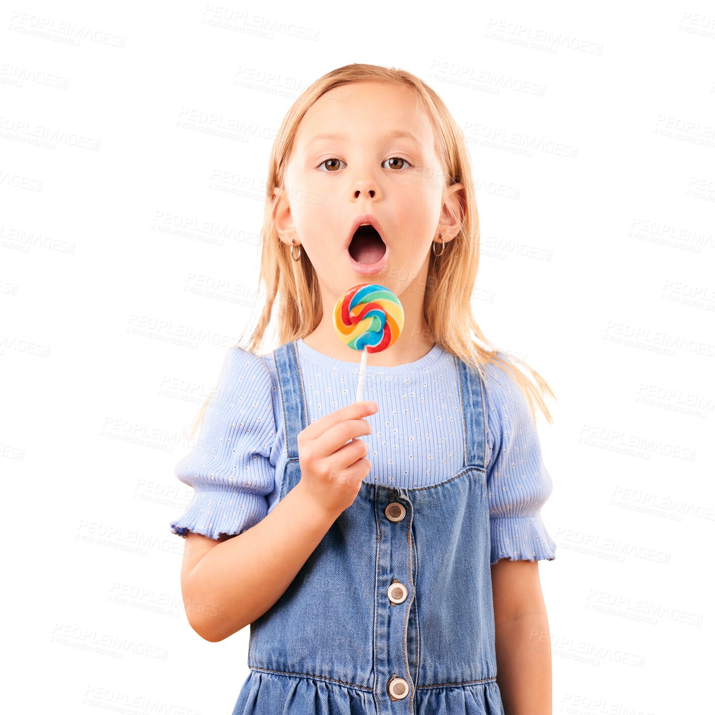 Buy stock photo Child, girl and portrait candy lollipop for sweets tooth or sugar rush, dessert or isolated on transparent png background. Female person, kid and face for unhealthy food snack, color spiral for happy