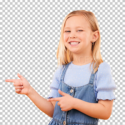 Buy stock photo Little girl, happy and pointing with hands in portrait for information, announcement or offer. Youth, kid and smile with gesture for choice on isolated or transparent png background with presentation