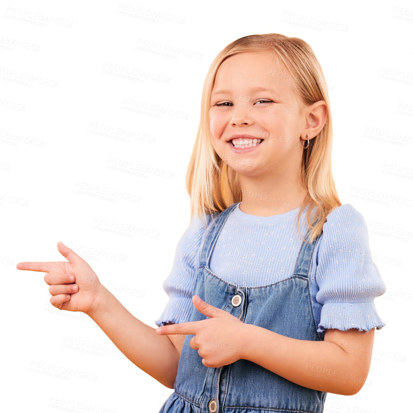 Buy stock photo Little girl, happy and pointing with hands in portrait for information, announcement or offer. Youth, kid and smile with gesture for choice on isolated or transparent png background with presentation