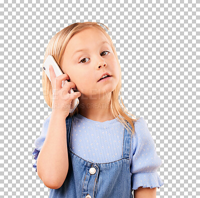 Buy stock photo Portrait, girl child and phone call or talking for digital contact or communication isolated on png transparent background. Young, kid and speaking on smartphone in conversation or mobile chat