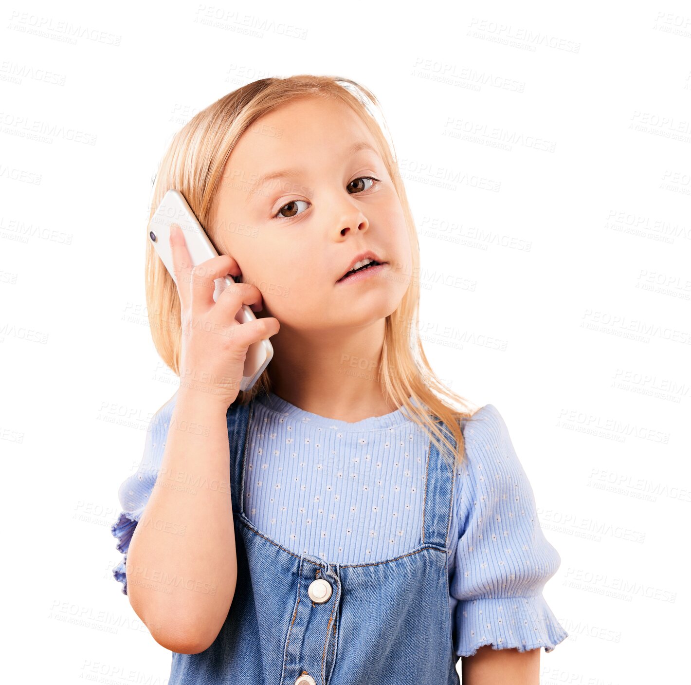 Buy stock photo Portrait, girl child and phone call or talking for digital contact or communication isolated on png transparent background. Young, kid and speaking on smartphone in conversation or mobile chat