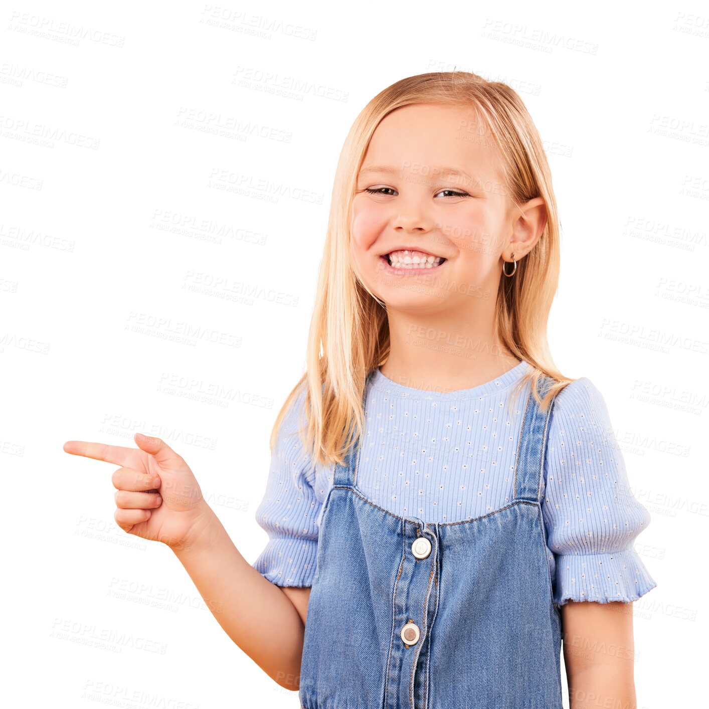 Buy stock photo Finger gun, portrait and happy child point, gesture or show ads, sales deal or youth presentation, info or commercial. Promo direction, happiness and kid smile isolated on transparent, png background