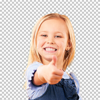 Buy stock photo Girl child, happy portrait and thumbs up for support, like emoji or yes for approval isolated on png transparent background. Face, young kid and hand gesture, icon or sign for agreement or thank you