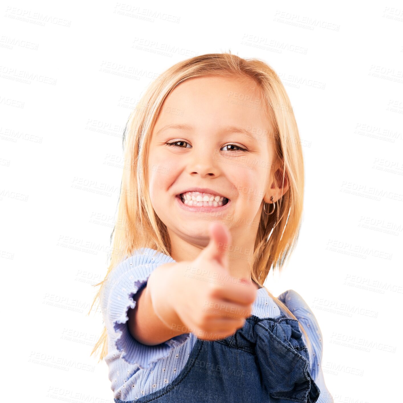 Buy stock photo Girl child, happy portrait and thumbs up for support, like emoji or yes for approval isolated on png transparent background. Face, young kid and hand gesture, icon or sign for agreement or thank you