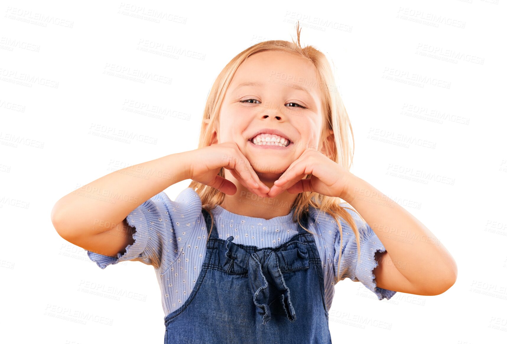 Buy stock photo Happy, smile and portrait of girl child with cute, joy and excited attitude with confidence. Fashion, childhood and hands on face of kid in fun or trendy outfit isolated by transparent png background